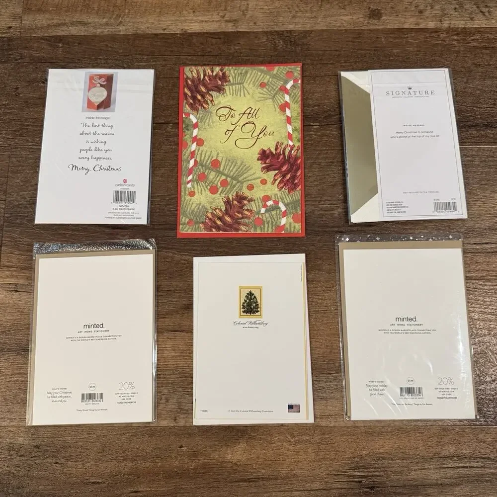 Lot of Six Christmas Cards Minted Hallmark Carlton Santa Ornament Retail $32